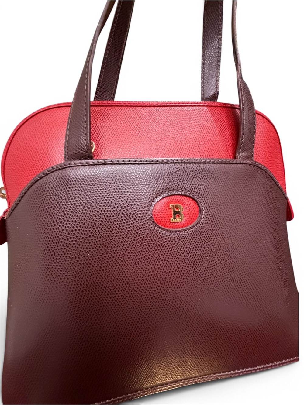 Vintage Bally Red & Brown Textured Leather Dome Shoulder Bag